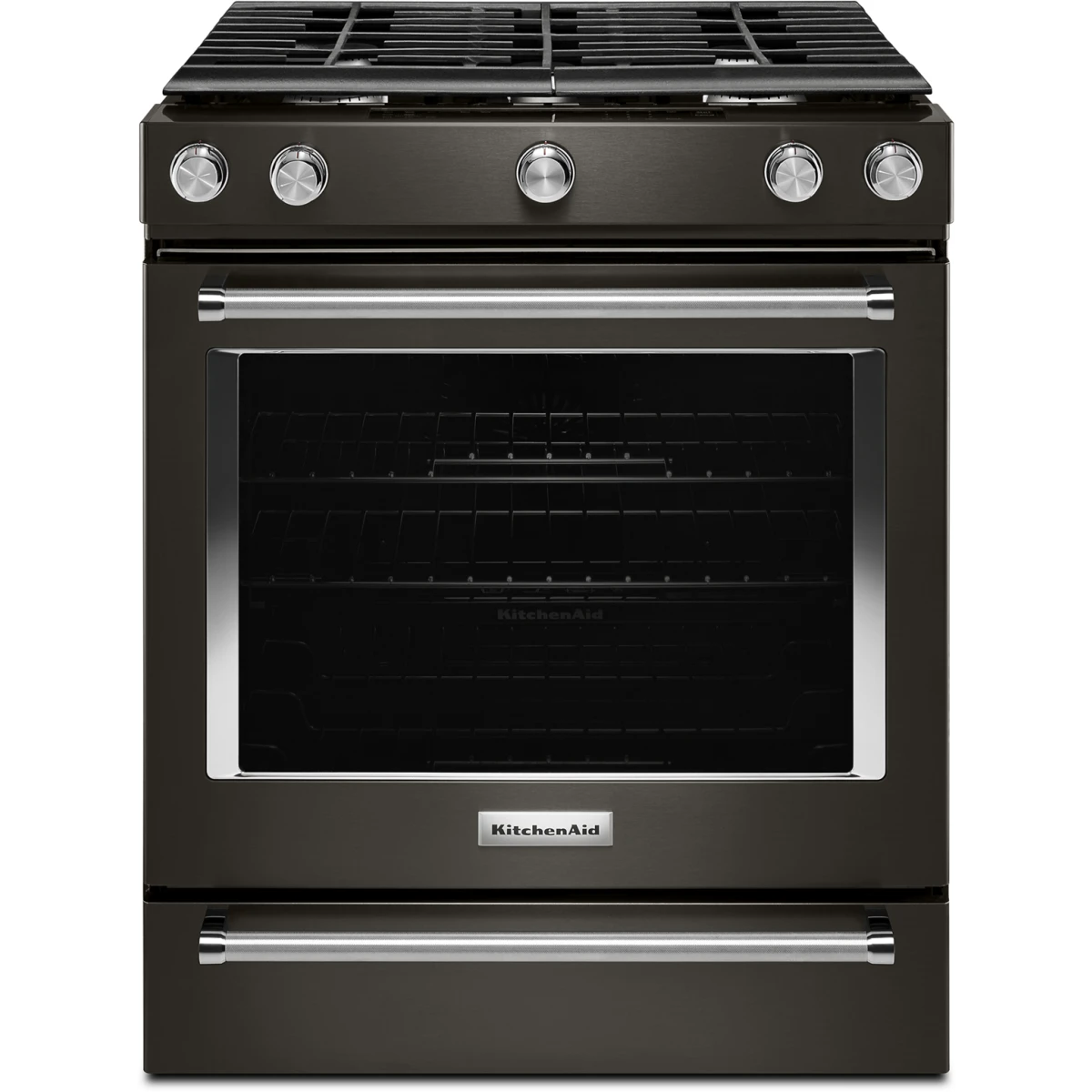 KitchenAid - KSGG700EBS - 30 Inch Slide-In Gas Range with 5 Sealed Burners, 5.8 cu ft. Even-Heat™ True Convection Oven, 17,000 BTU Burner, Storage Drawer, Steam Rack, AquaLift® Steam Clean, ADA Compliant and Sabbath Mode