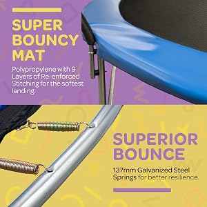 JoyBerri 12' Upsurge Pro Outdoor Trampoline Anti-Rust Coating with Enclosure Net, ladder, Sprinkler & LED Lights, Blue
