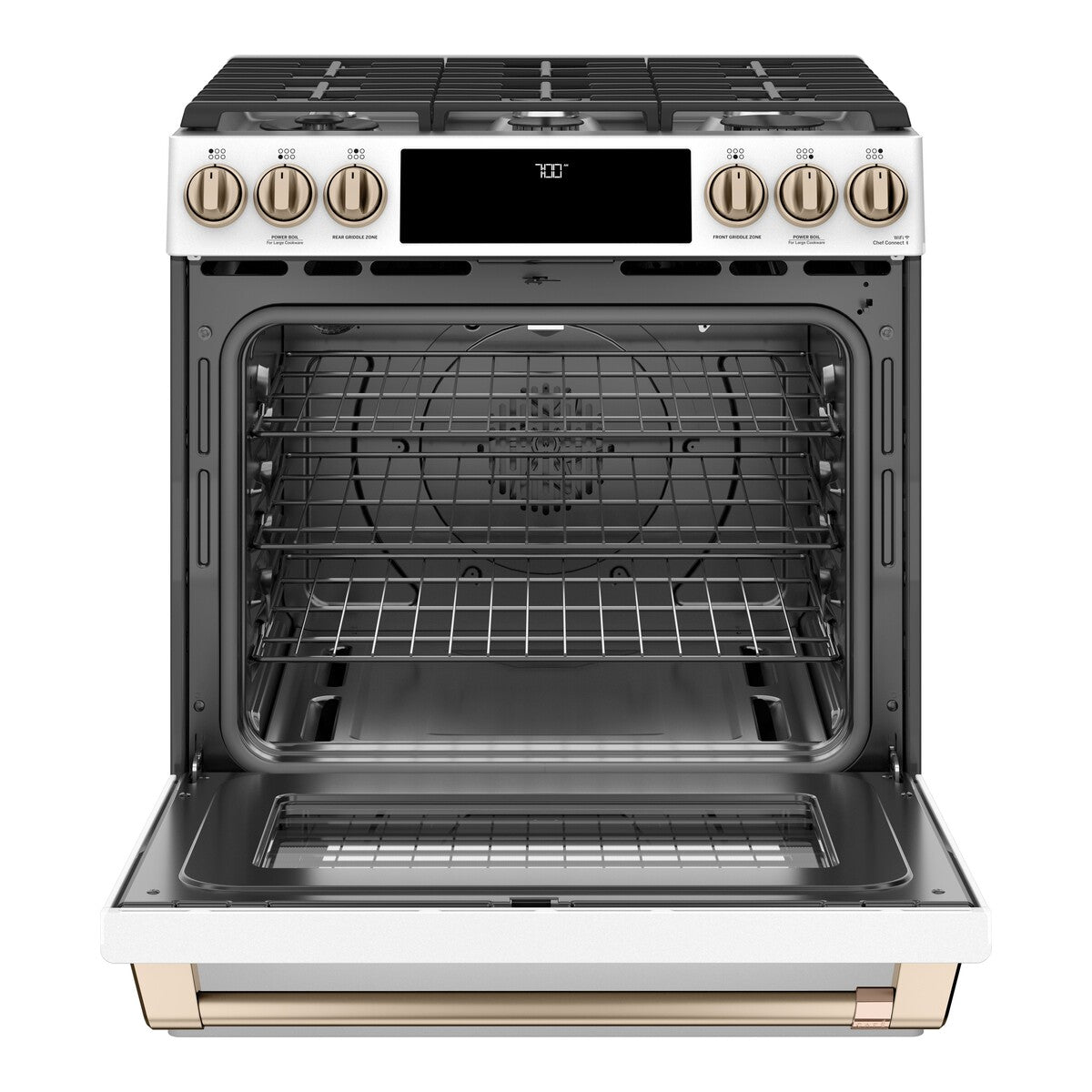 Cafe CGS700P4MW2 30" 5.6 cu. ft. Smart Slide-In Front-Control  Gas Range with Convection Oven, Matte White