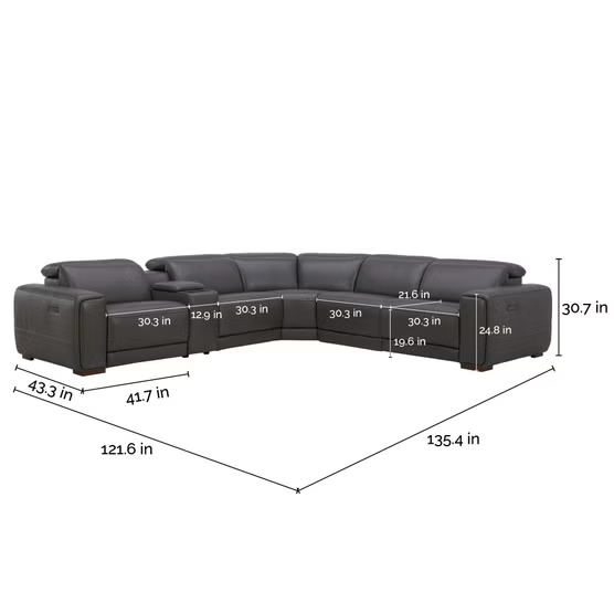 Aiden & Ivy Karson Leather Power Reclining Sectional with Power Headrests, Gray