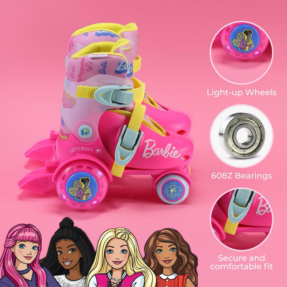 Barbie Kids Trainer Skates With Light Up Wheels, 5 Bearings, Durable PVC Material, Pink