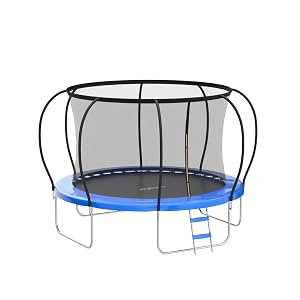 JoyBerri 12' Upsurge Pro Outdoor Trampoline Anti-Rust Coating with Enclosure Net, ladder, Sprinkler & LED Lights, Blue