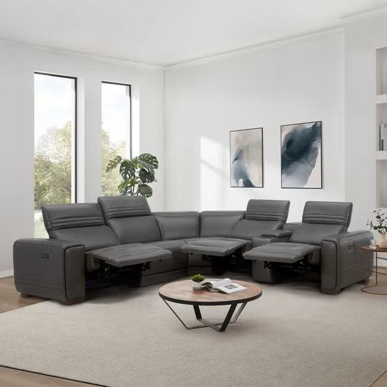 Aiden & Ivy Karson Leather Power Reclining Sectional with Power Headrests, Gray