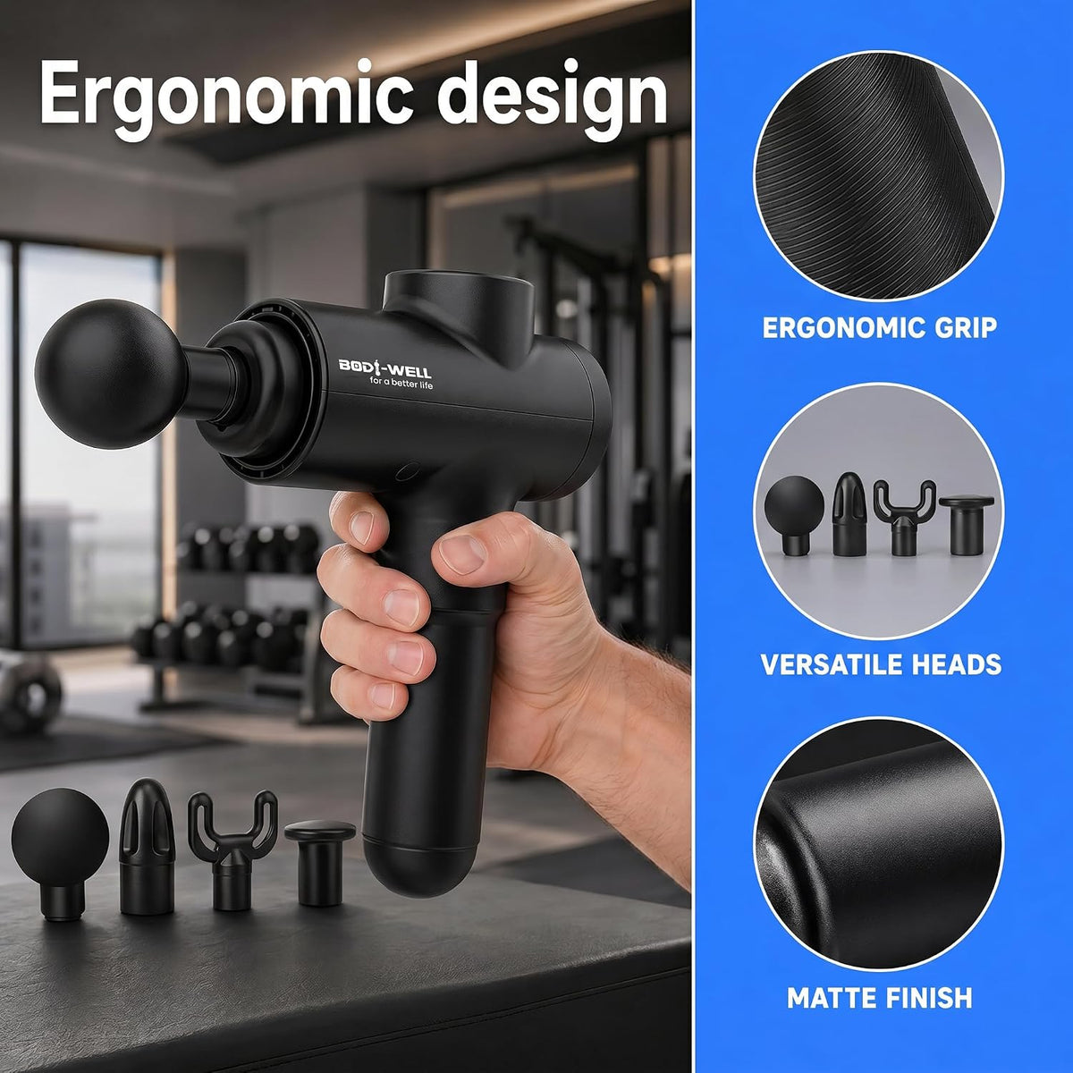 Bodi-Well Massage Gun Deep Tissue Back Muscle Massager, Black