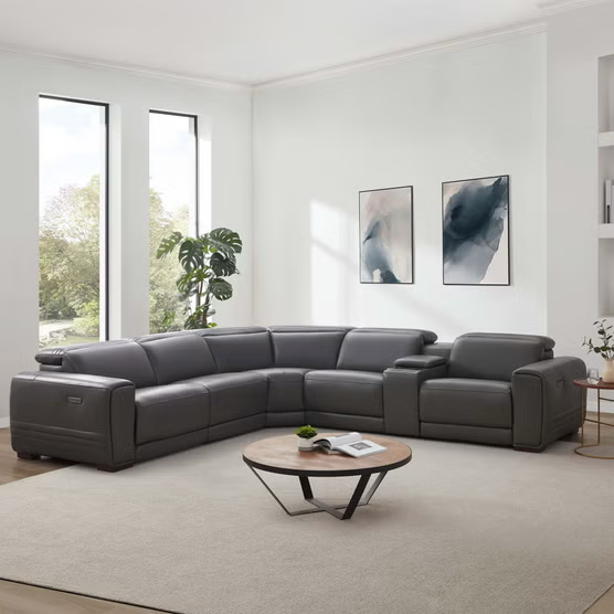 Aiden & Ivy Karson Leather Power Reclining Sectional with Power Headrests, Gray