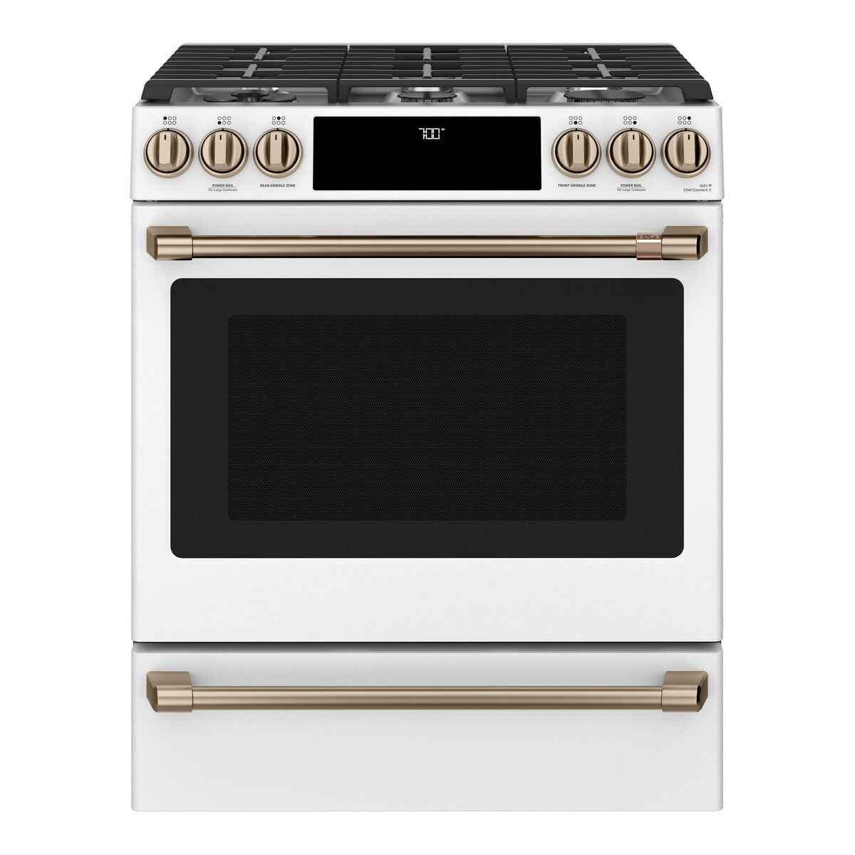 Cafe CGS700P4MW2 30" 5.6 cu. ft. Smart Slide-In Front-Control  Gas Range with Convection Oven, Matte White