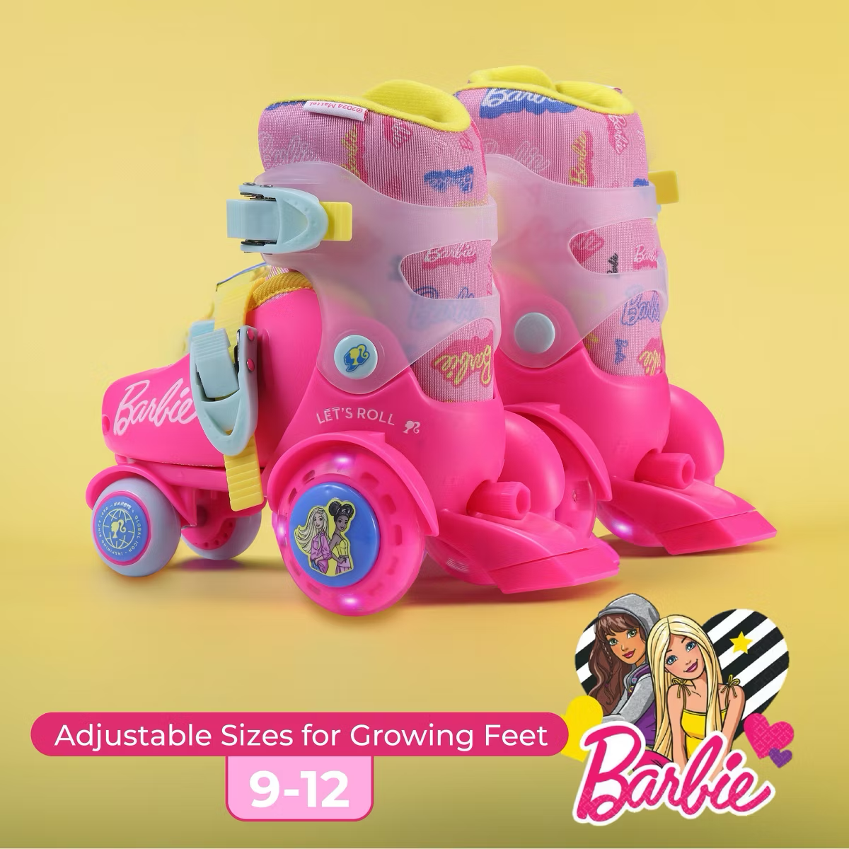 Barbie Kids Trainer Skates With Light Up Wheels, 5 Bearings, Durable PVC Material, Pink