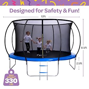 JoyBerri 12' Upsurge Pro Outdoor Trampoline Anti-Rust Coating with Enclosure Net, ladder, Sprinkler & LED Lights, Blue