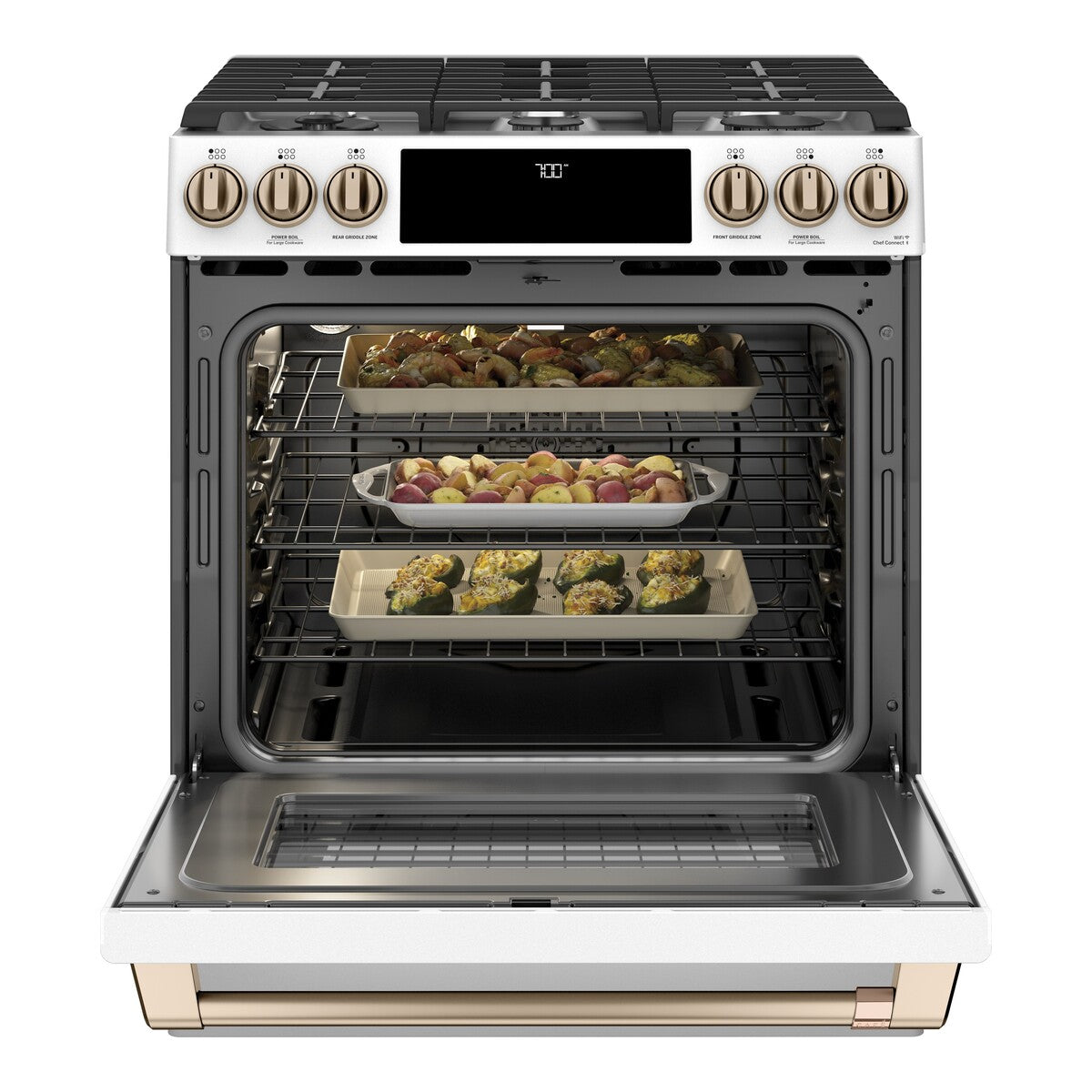 Cafe CGS700P4MW2 30" 5.6 cu. ft. Smart Slide-In Front-Control  Gas Range with Convection Oven, Matte White