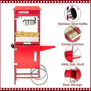 Takywep Commercial Popcorn Maker Machine with Cart and 10 Oz Kettle, Red