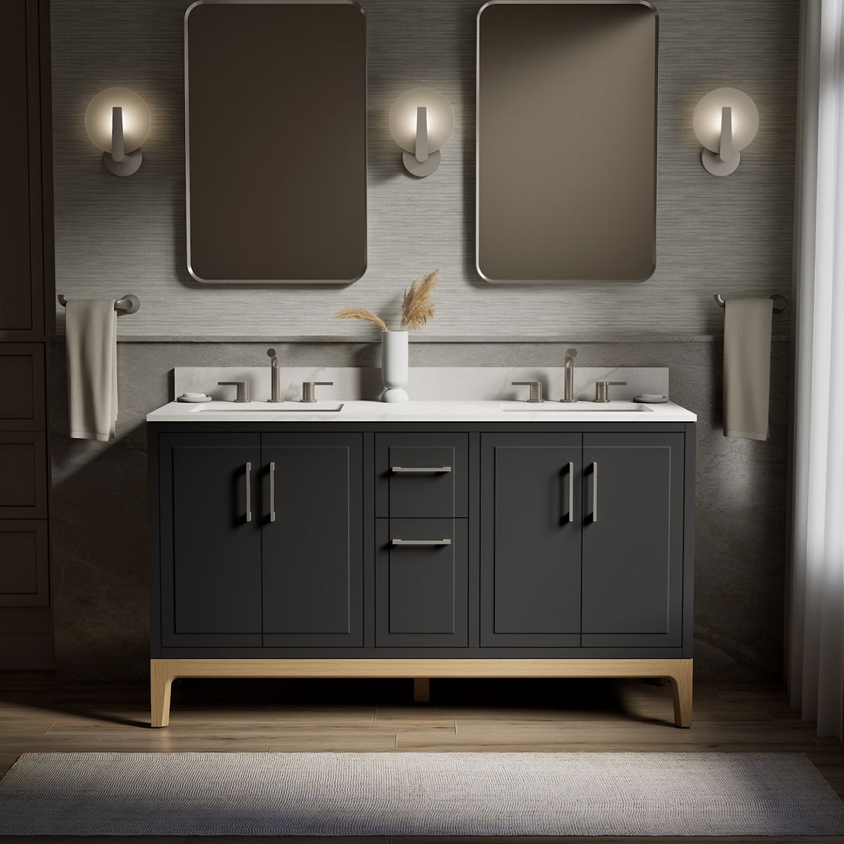 Kohler Tio® 60" bathroom vanity cabinet with sinks and quartz top, Ferrous Grey