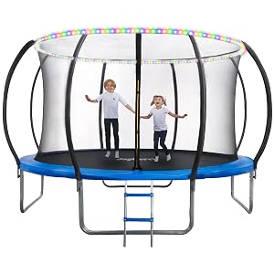 JoyBerri 12' Upsurge Pro Outdoor Trampoline Anti-Rust Coating with Enclosure Net, ladder, Sprinkler & LED Lights, Blue