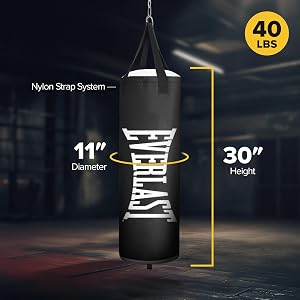 Everlast Core Premium Durable Poly Canvas Training Heavy Bag with Reinforced Nylon Straps and D Rings for Boxing and Fitness Workouts, Black