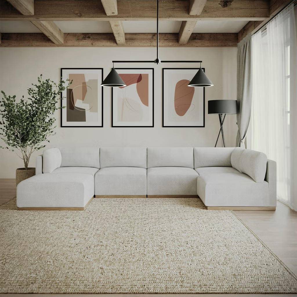 Henredon Murphy Fabric 6 Piece Modular Sectional with Ottoman, Cream