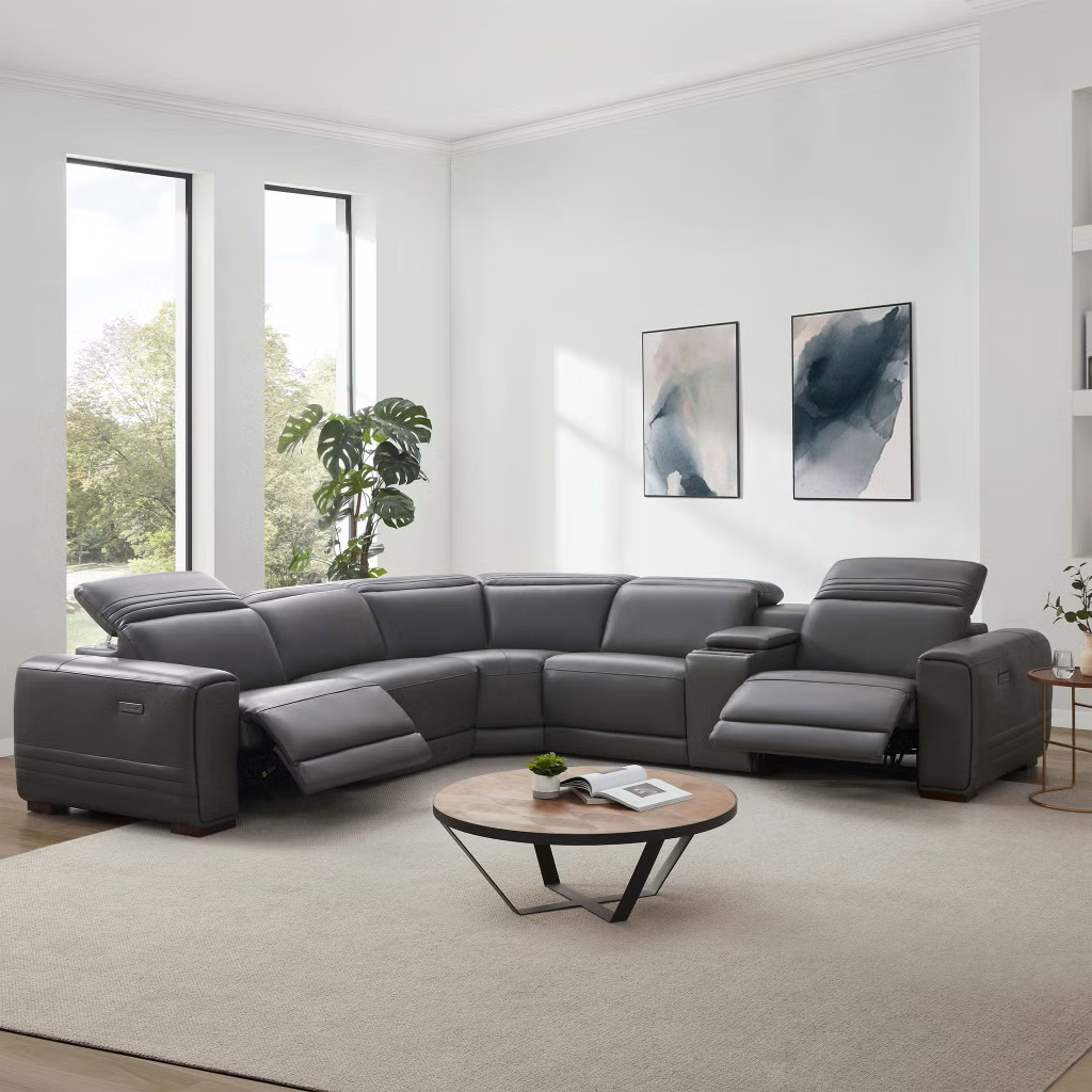 Aiden & Ivy Karson Leather Power Reclining Sectional with Power Headrests, Gray