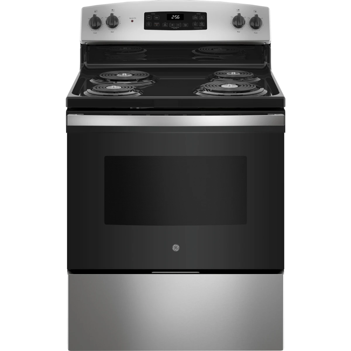 GE - JB256RTSS - 30 Inch Freestanding Electric Range with 4 Coil Burners, 5.0 cu. ft. Oven Capacity, Storage Drawer, Sensi-Temp Technology, Dual-Element Bake, Sabbath Mode, and Self-Clean: Stainless Steel