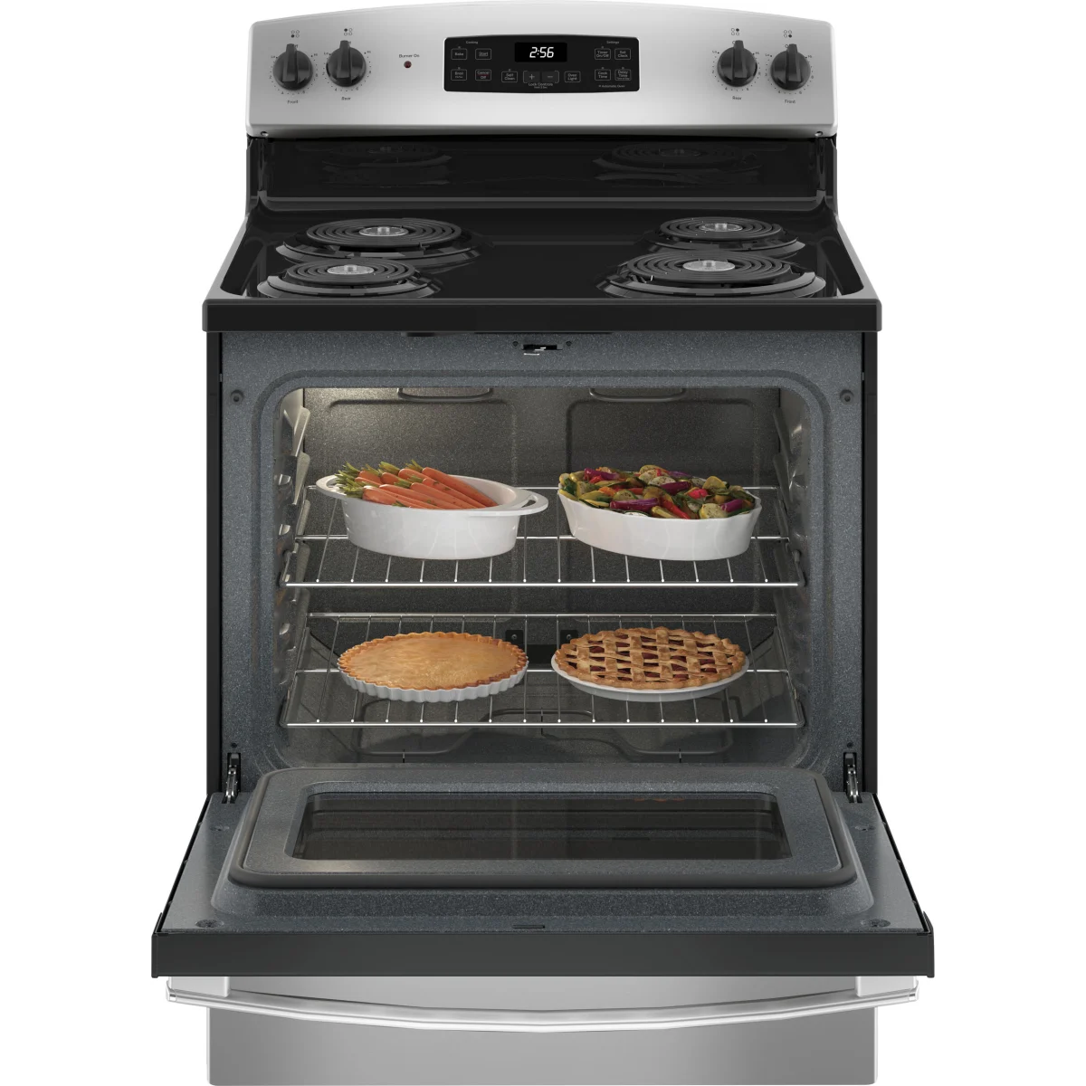 GE - JB256RTSS - 30 Inch Freestanding Electric Range with 4 Coil Burners, 5.0 cu. ft. Oven Capacity, Storage Drawer, Sensi-Temp Technology, Dual-Element Bake, Sabbath Mode, and Self-Clean: Stainless Steel