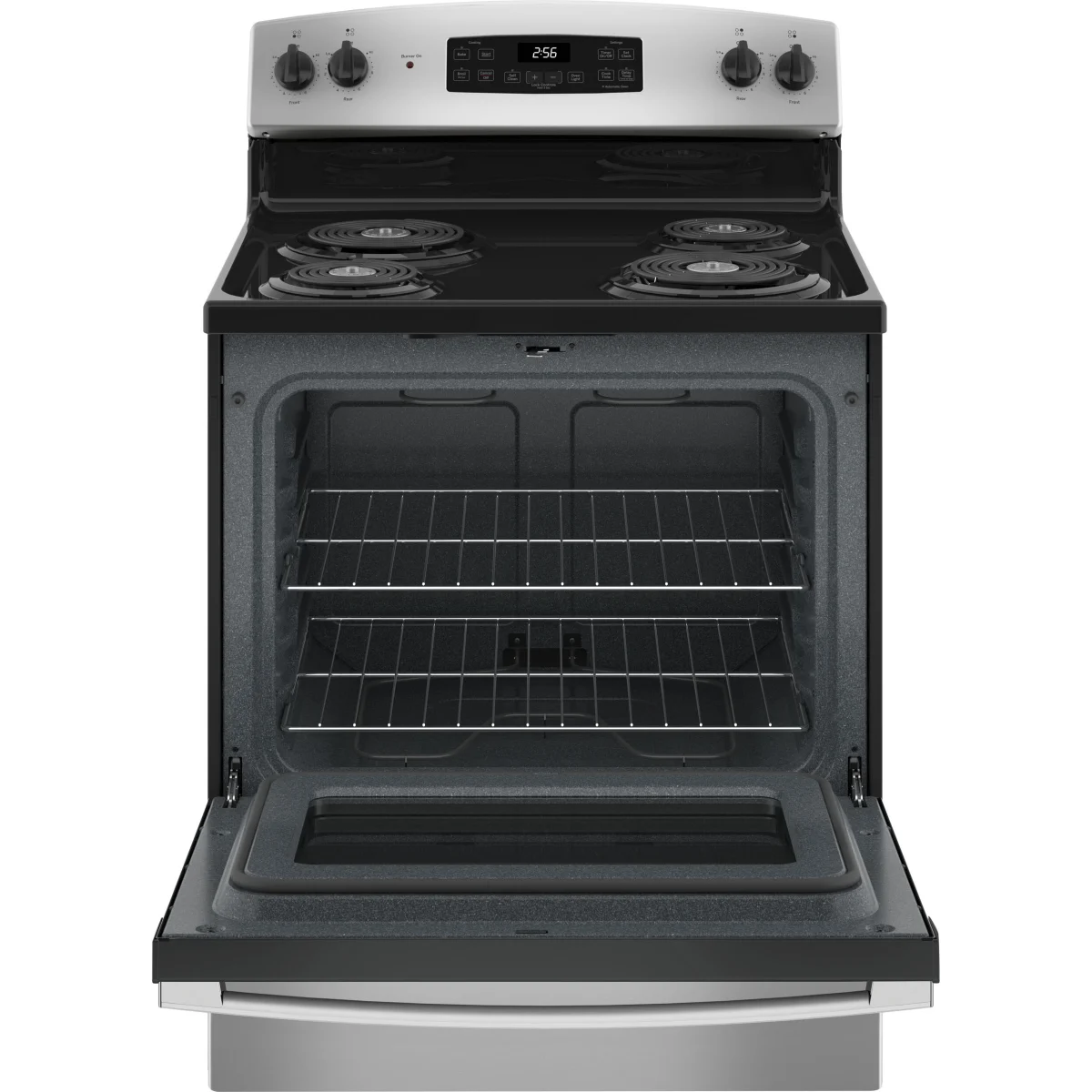 GE - JB256RTSS - 30 Inch Freestanding Electric Range with 4 Coil Burners, 5.0 cu. ft. Oven Capacity, Storage Drawer, Sensi-Temp Technology, Dual-Element Bake, Sabbath Mode, and Self-Clean: Stainless Steel