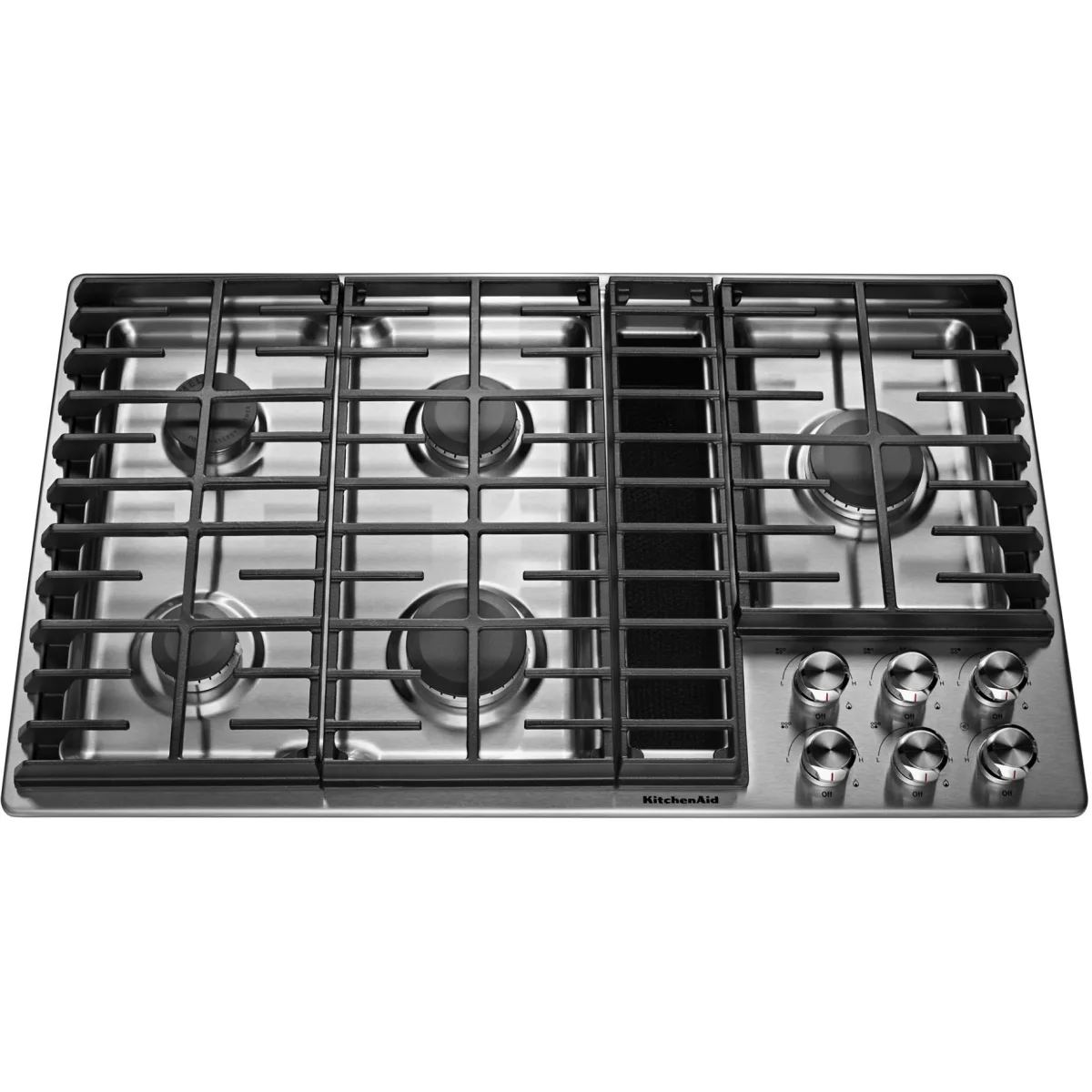 KitchenAid - KCGD506GSS - 36 Inch Gas Downdraft Cooktop with 5 Burners, Downdraft Ventilation, Professional Burner BTUs, Even-Heat™ Simmer Burner, 300 CFM Exhaust, 3-Speed Fan and Flame-Sensing™ Re-Ignition