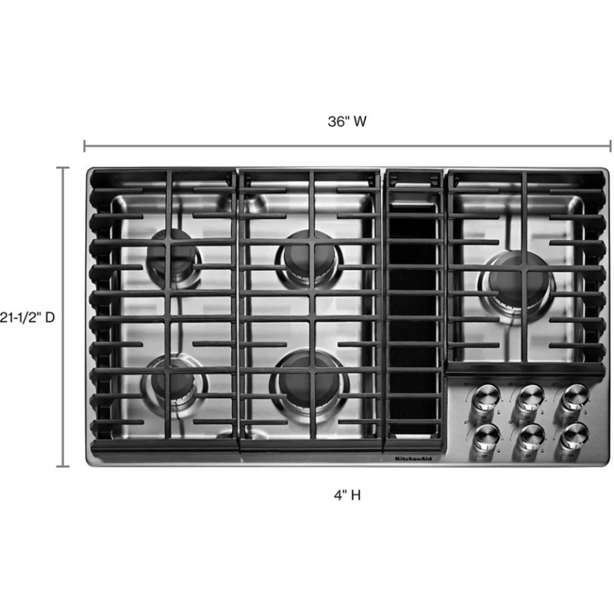 KitchenAid - KCGD506GSS - 36 Inch Gas Downdraft Cooktop with 5 Burners, Downdraft Ventilation, Professional Burner BTUs, Even-Heat™ Simmer Burner, 300 CFM Exhaust, 3-Speed Fan and Flame-Sensing™ Re-Ignition