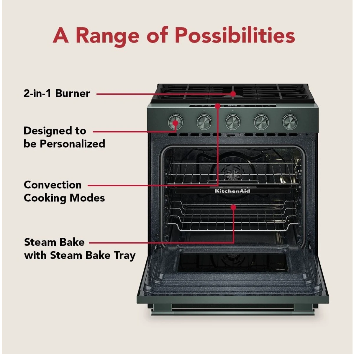 KitchenAid - KSGS530SJP - 30 Inch Slide-In Smart Gas Range with 5 Sealed Burners, 5.0 cu. ft. Oven Capacity, 2-in-1 Burner, Even-Heat™ True Convection, Rapid Boil, Continuous Cast-Iron Grates, Air Fry