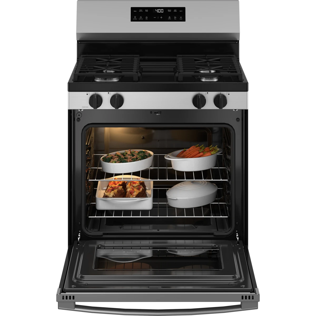 GE - GGF400PVSS - 400 Series 30 Inch Freestanding Gas Smart Range with 4 Sealed Burners, 5.3 cu. ft. Oven Capacity, Power Boil™ Burner, Storage Drawer, SmartHQ™, Enhance Shabbos Mode Built In, and Self & Steam Clean: Stainless Steel