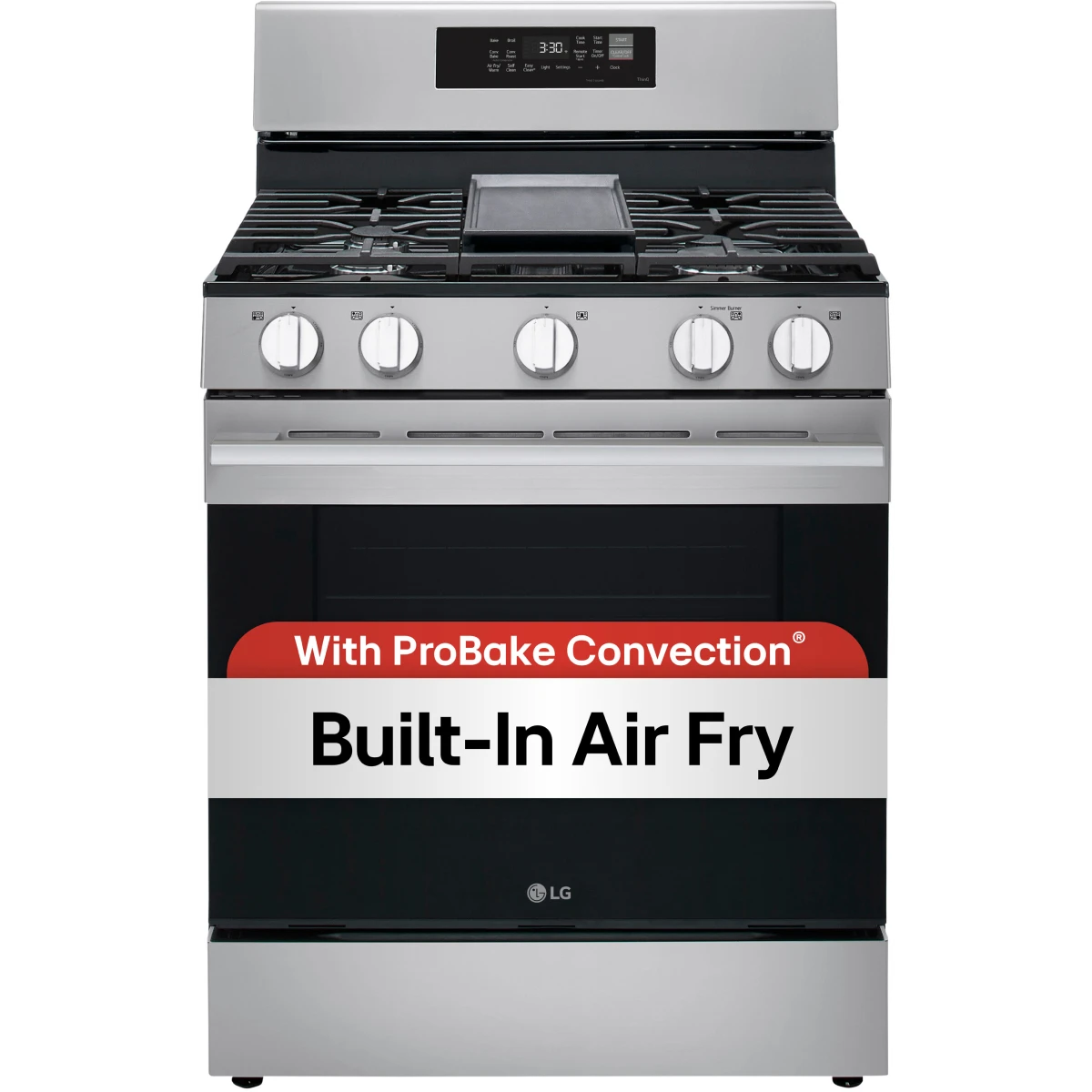 LG - LRGN6323Y - 30 Inch Freestanding Smart Gas Range with 5 Sealed Burners, 6.3 Cu. Ft. Capacity, UltraHeat™ 20K BTU Burner, ProBake Convection®, Air Fry, EasyClean® + Self Clean, Storage Drawer, and Sabbath Mode: Stainless Steel