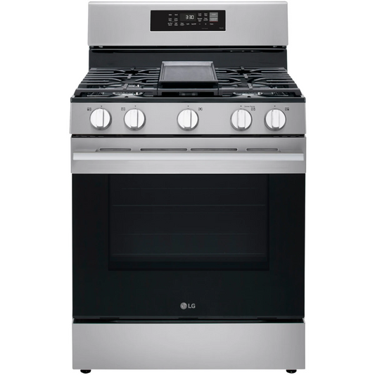 LG - LRGN6323Y - 30 Inch Freestanding Smart Gas Range with 5 Sealed Burners, 6.3 Cu. Ft. Capacity, UltraHeat™ 20K BTU Burner, ProBake Convection®, Air Fry, EasyClean® + Self Clean, Storage Drawer, and Sabbath Mode: Stainless Steel