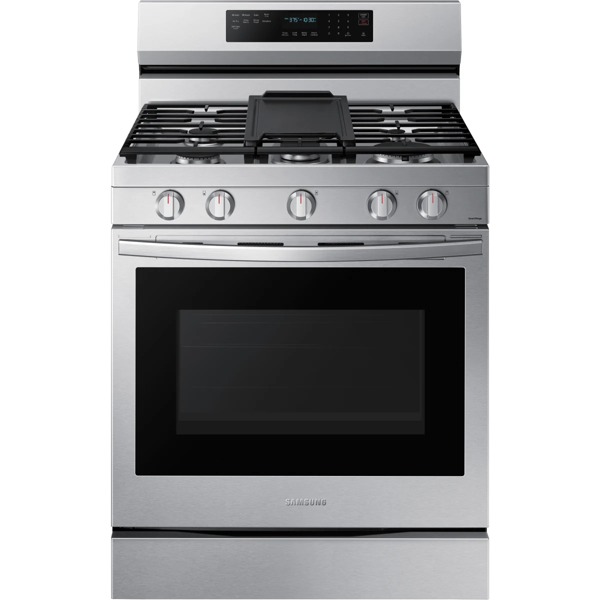 Samsung - NX60A6711SS - 30 Inch Freestanding Gas Smart Range with 5 Sealed Burners, 6.0 Cu. Ft. Capacity, Storage Drawer, Edge-to-Edge Grates, Convection+, Air Fry, Self Clean, Wi-Fi & Voice Connectivity, Non-stick Griddle, Dual Ring Burner