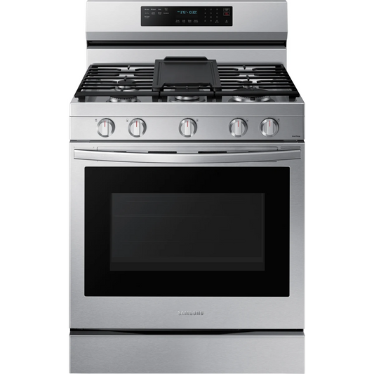 Samsung - NX60A6711SS - 30 Inch Freestanding Gas Smart Range with 5 Sealed Burners, 6.0 Cu. Ft. Capacity, Storage Drawer, Edge-to-Edge Grates, Convection+, Air Fry, Self Clean, Wi-Fi & Voice Connectivity, Non-stick Griddle, Dual Ring Burner