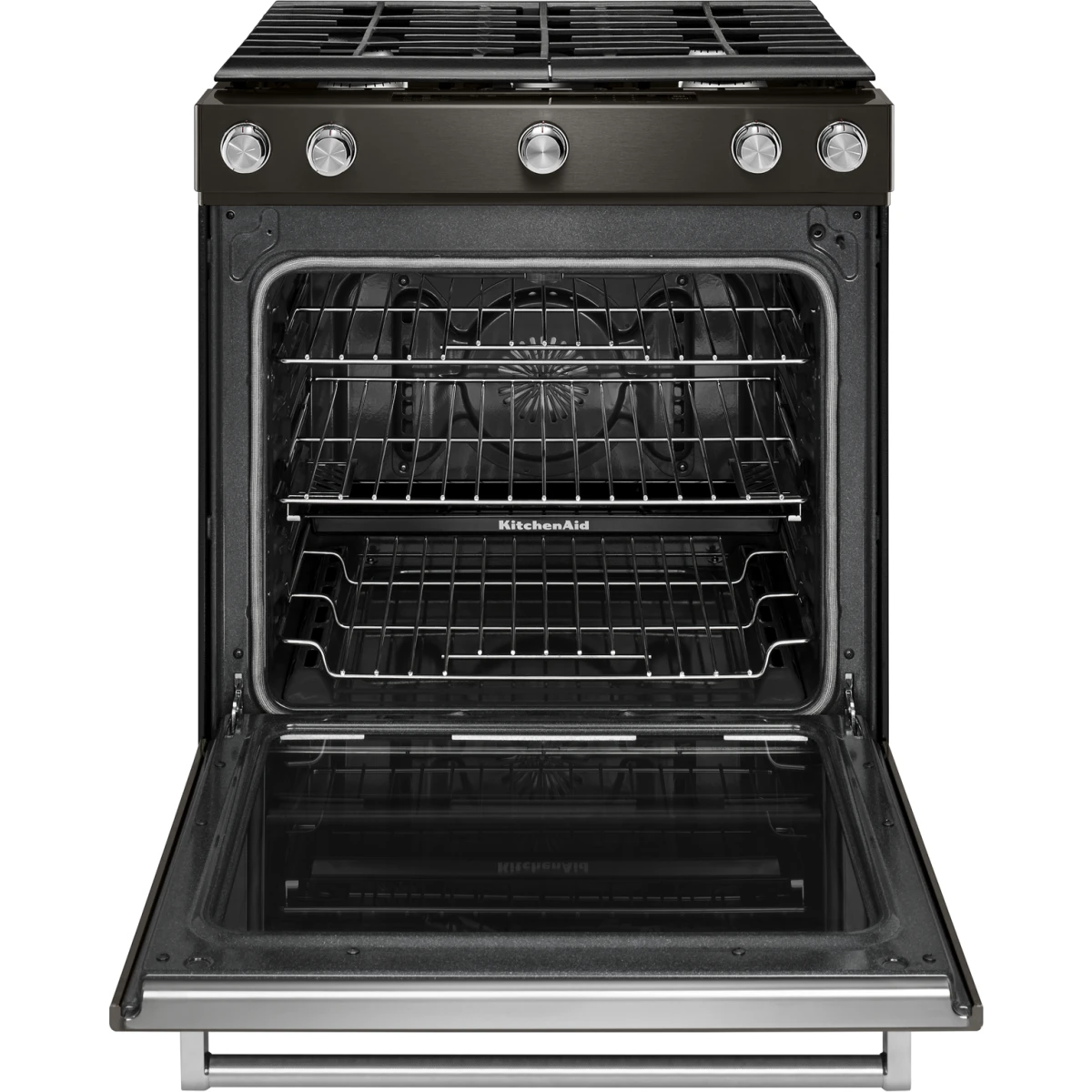 KitchenAid - KSGG700EBS - 30 Inch Slide-In Gas Range with 5 Sealed Burners, 5.8 cu ft. Even-Heat™ True Convection Oven, 17,000 BTU Burner, Storage Drawer, Steam Rack, AquaLift® Steam Clean, ADA Compliant and Sabbath Mode