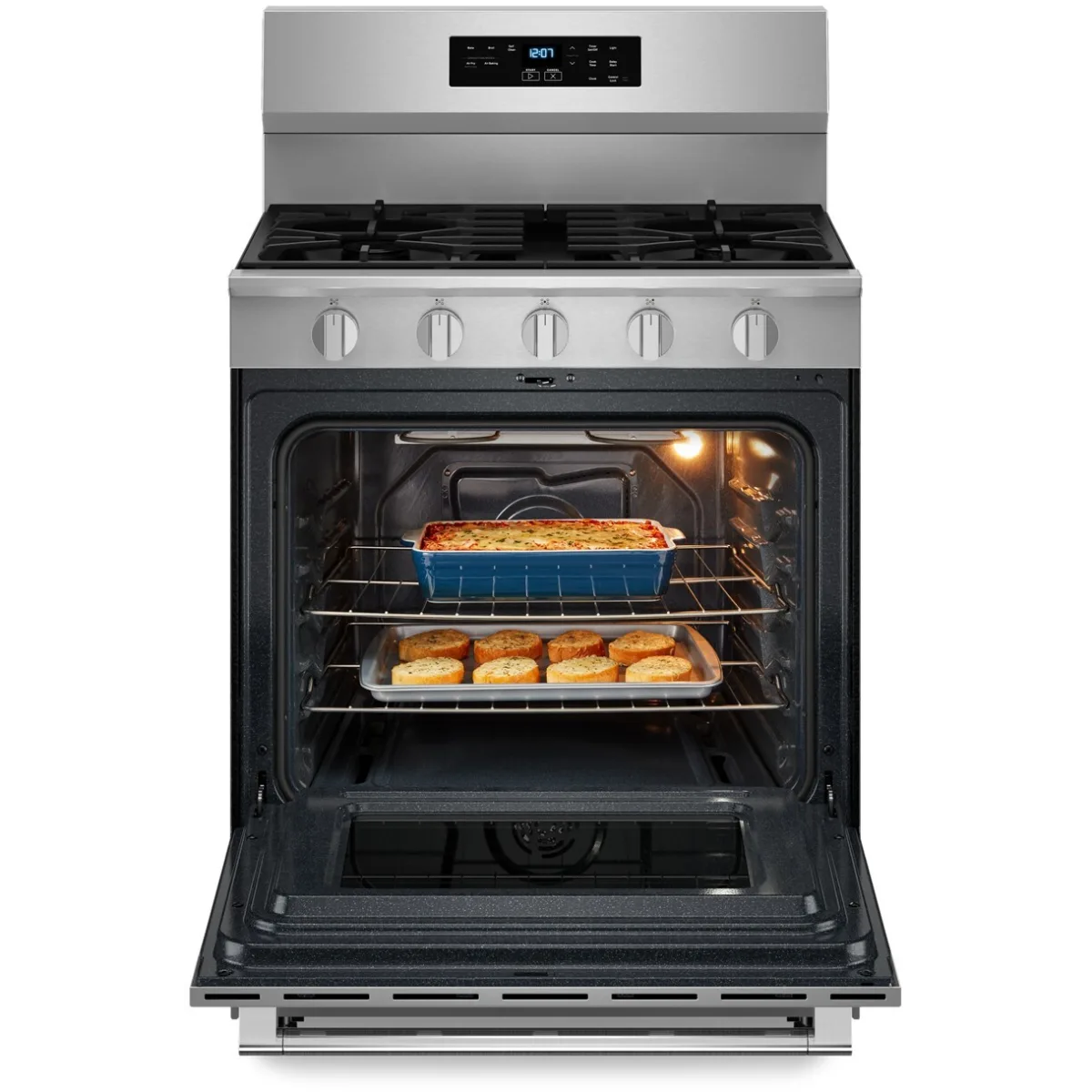 Maytag - MFGS6030RZ - 30 Inch Freestanding Gas Range with 5 Sealed Burners, 5.0 cu. ft. Air Powered Convection Oven, Power™ Burner, Storage Drawer, Air Baking, No Preheat Air Fry, and Self Clean: Fingerprint Resistant Stainless Steel