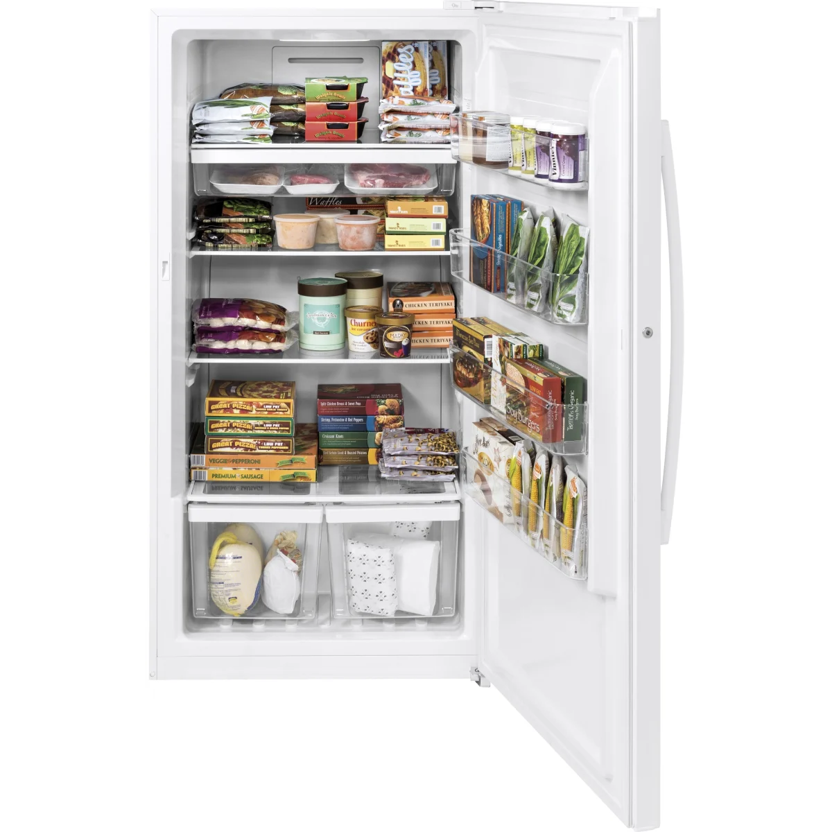GE - FUF17DLRWW - 33 Inch Upright Freezer with Exterior Temperature Control, LED Lighting, Self-Ejecting Key, Adjustable Glass Shelves, 17.3 cu. ft. and Energy Star Rated