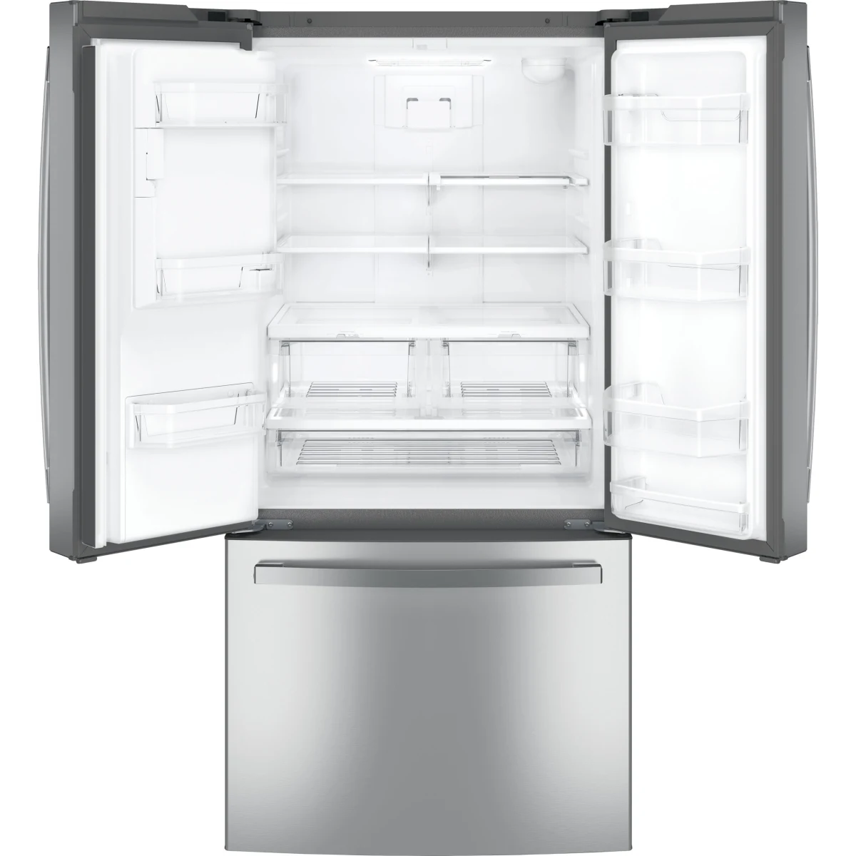 GE - GFE24JYKFS - 33 Inch French Door Refrigerator with 23.6 Cu. Ft. Capacity, Quick Space Shelf, Turbo Cool, LED Lighting, Enhanced Shabbos Mode Capable, External Ice/Water Dispenser, Water Filtration, ADA Compliant, and ENERGY STAR® Qualified