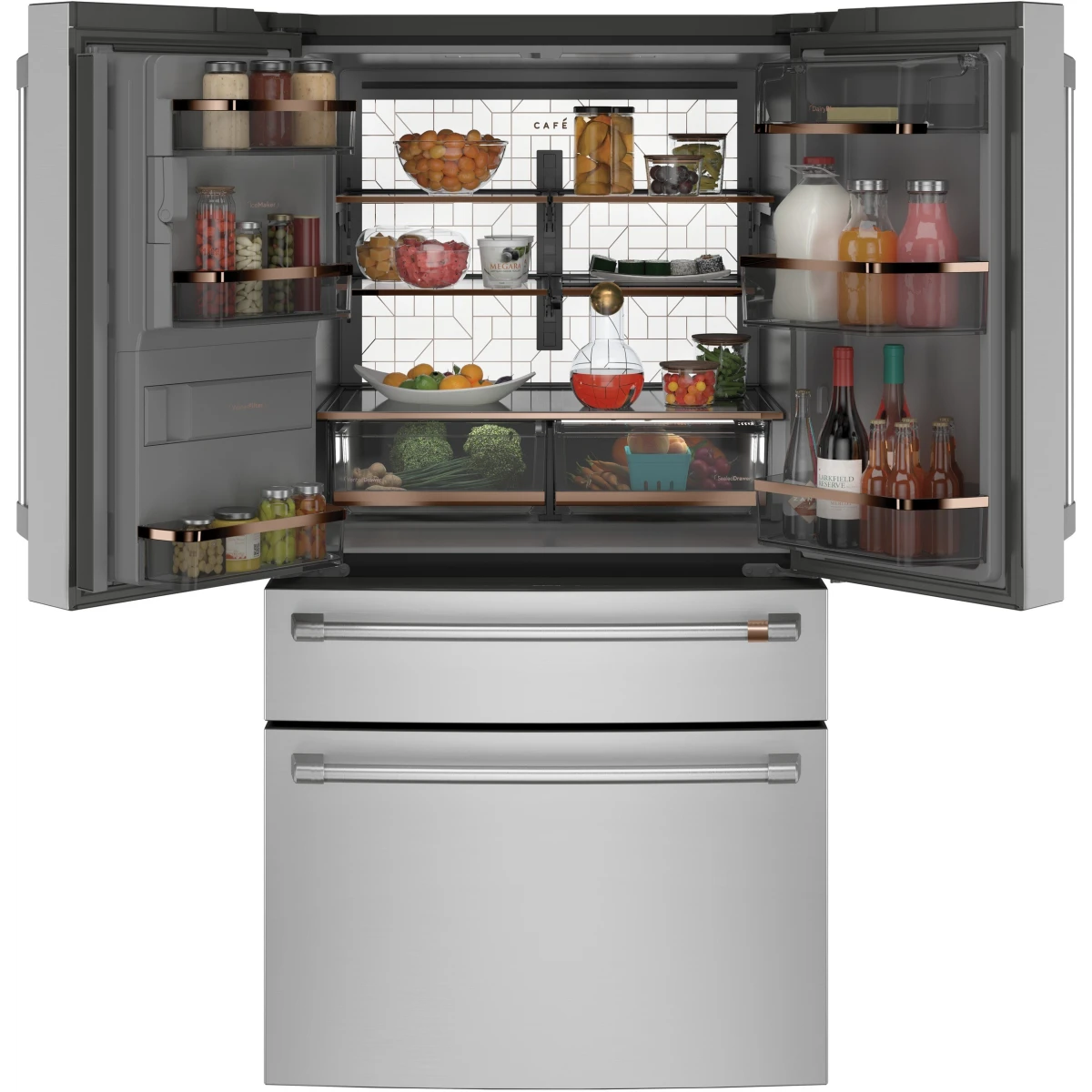 Cafe - CXE22DP2PS1 - 36 Inch Counter Depth 4-Door French Door Smart Refrigerator with 22.3 Cu. Ft. Total Capacity, Hands-Free Autofill, Humidity Control System, Convertible Drawer, Multiflow Air System, Enhanced Shabbos Mode, Wi-Fi Connect