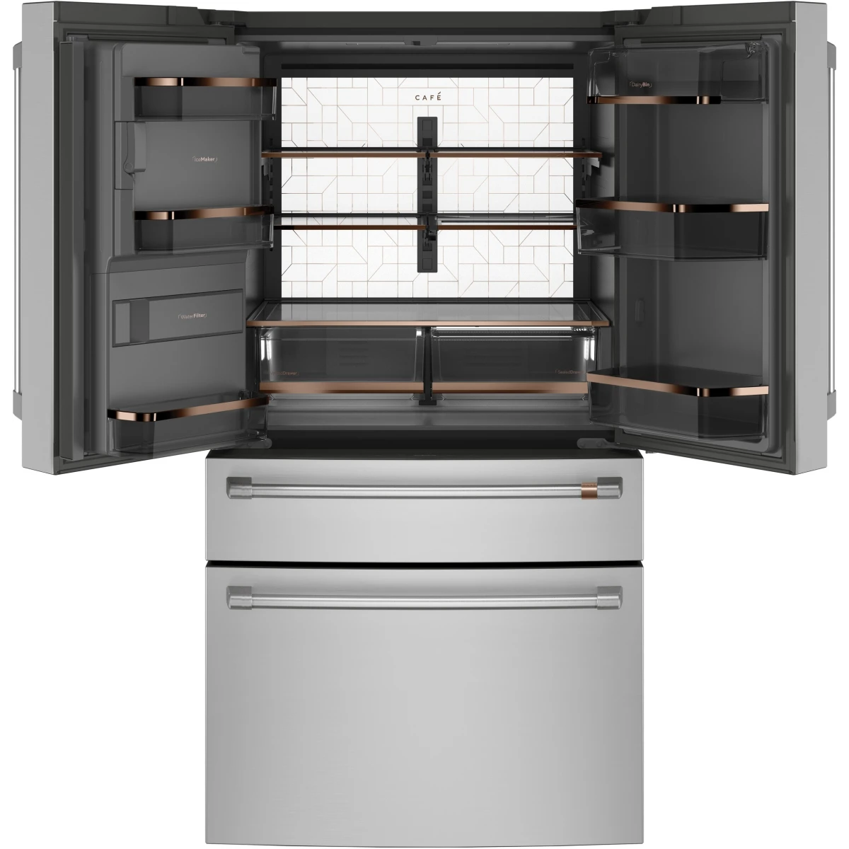 Cafe - CXE22DP2PS1 - 36 Inch Counter Depth 4-Door French Door Smart Refrigerator with 22.3 Cu. Ft. Total Capacity, Hands-Free Autofill, Humidity Control System, Convertible Drawer, Multiflow Air System, Enhanced Shabbos Mode, Wi-Fi Connect