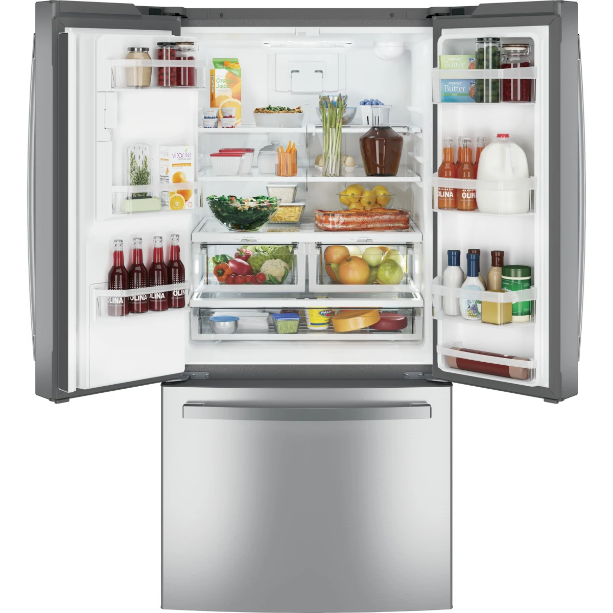 GE - GFE24JYKFS - 33 Inch French Door Refrigerator with 23.6 Cu. Ft. Capacity, Quick Space Shelf, Turbo Cool, LED Lighting, Enhanced Shabbos Mode Capable, External Ice/Water Dispenser, Water Filtration, ADA Compliant, and ENERGY STAR® Qualified