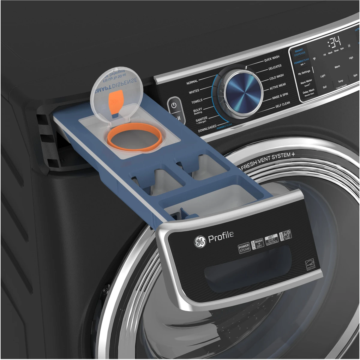 GE Profile - PFW950SPTDS - 28 Inch Front Load Smart Washer with 5.3 Cu. Ft. Capacity, 12 Cycles, 11 Options, Sanitize + Allergen, UltraFresh™ Vent System+, OdorBlock™, Microban®, Adaptive SmartDispense™