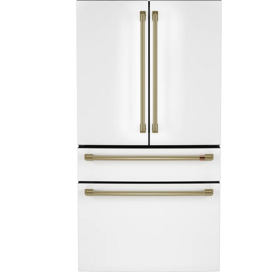 Cafe - CJE23DP4WW2 - 36 Inch Freestanding Counter-Depth 4-Door French Door Smart Refrigerator with 23.2 cu. ft. Total Capacity, and Dual-Dispense AutoFill Pitcher: Matte White with Brushed Bronze Handles