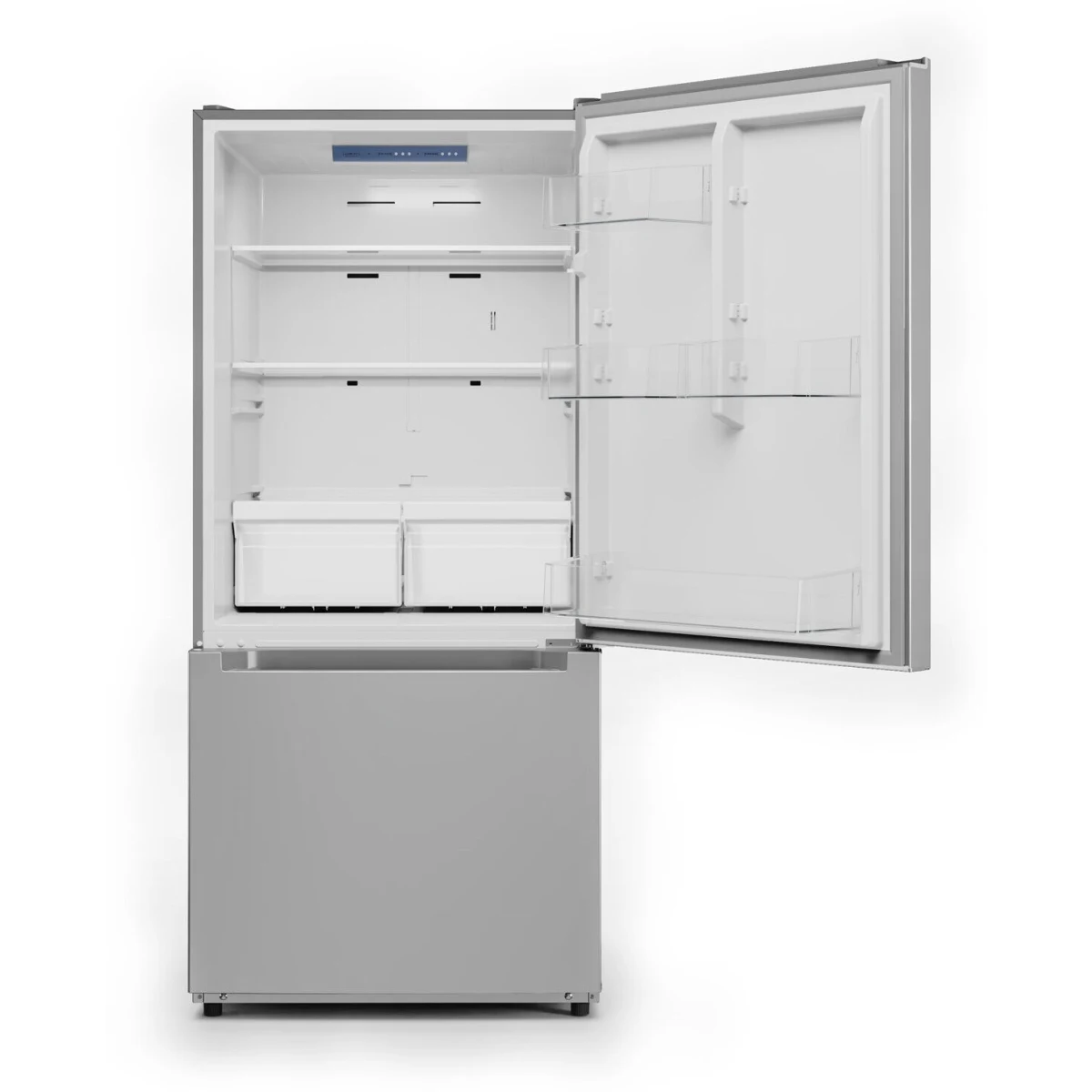 Midea - MRB19B7AST - 30 Inch Bottom Mount Refrigerator with 18.7 Cu. Ft. Capacity, Adjustable Glass Shelves, Crisper Drawer, Electronic Control, LED Lighting, Automatic Defrost, and ENERGY STAR Certified: Stainless Steel