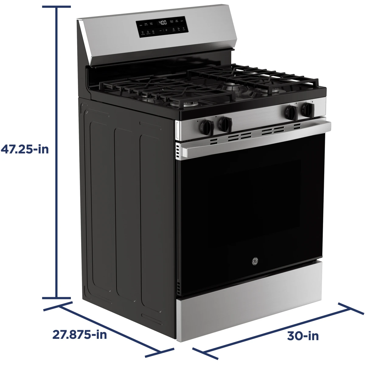 GE - GGF400PVSS - 400 Series 30 Inch Freestanding Gas Smart Range with 4 Sealed Burners, 5.3 cu. ft. Oven Capacity, Power Boil™ Burner, Storage Drawer, SmartHQ™, Enhance Shabbos Mode Built In, and Self & Steam Clean: Stainless Steel