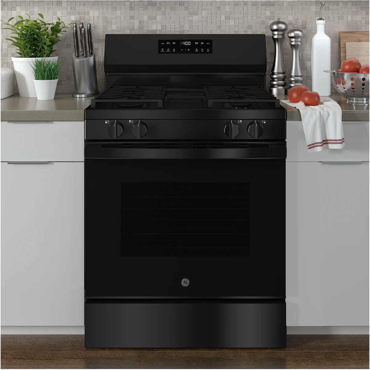 GE - GGF400PVBB - 400 Series 30 Inch Freestanding Gas Smart Range with 4 Sealed Burners, 5.3 cu. ft. Oven Capacity, Power Boil™ Burner, Storage Drawer, SmartHQ™, Enhance Shabbos Mode Built In, and Self & Steam Clean: Black