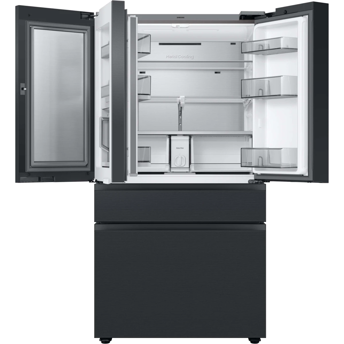 Samsung BESPOKE - RF29BB89008M - 36 Inch Freestanding Smart 4-Door French Door Refrigerator with 29 cu. ft. Capacity, 4 Shelves, Gallon Bin, FlexZone, Family Hub, Twin Cooling+, Beverage Center, Dual Ice Maker: Charcoal Glass/Matte Black Steel