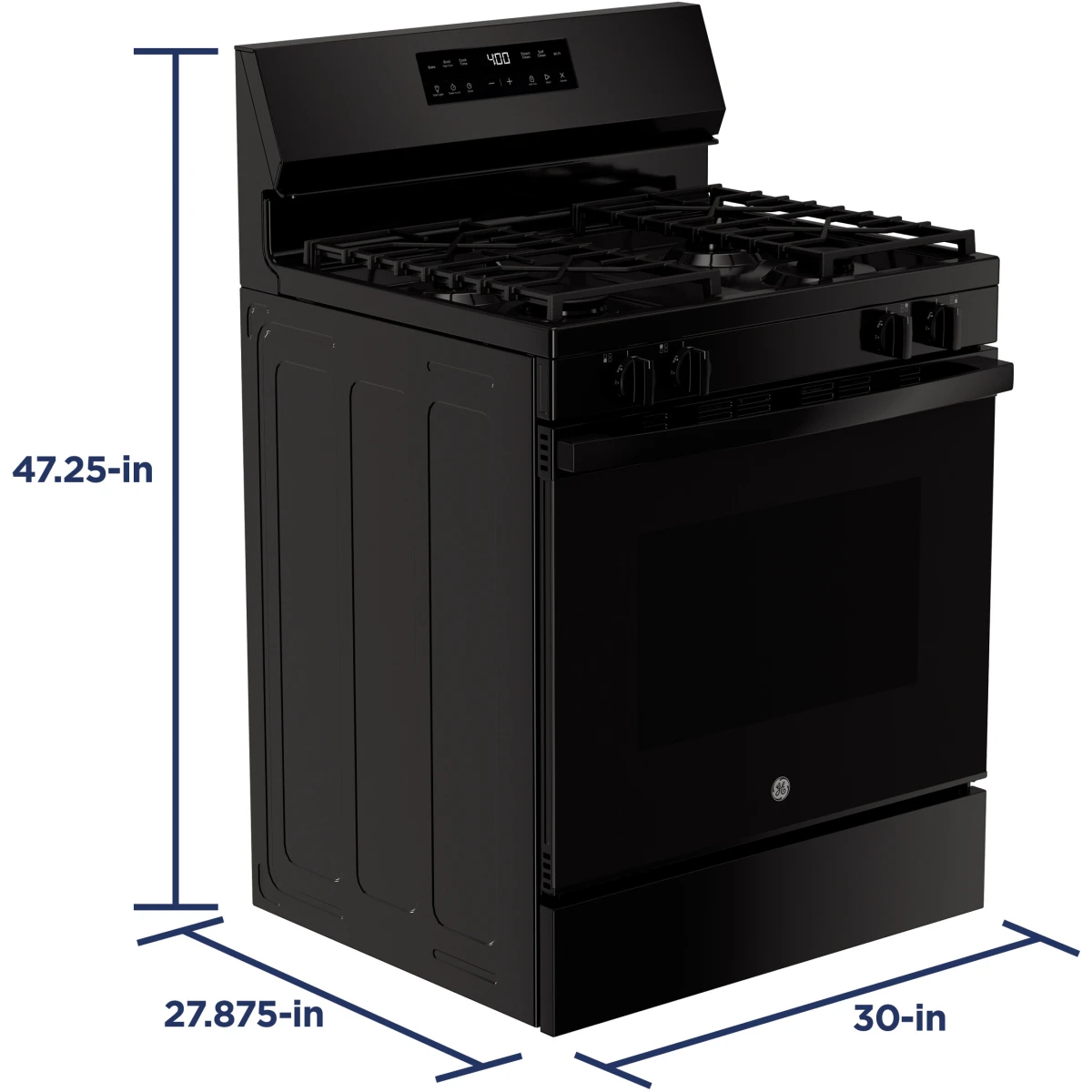 GE - GGF400PVBB - 400 Series 30 Inch Freestanding Gas Smart Range with 4 Sealed Burners, 5.3 cu. ft. Oven Capacity, Power Boil™ Burner, Storage Drawer, SmartHQ™, Enhance Shabbos Mode Built In, and Self & Steam Clean: Black