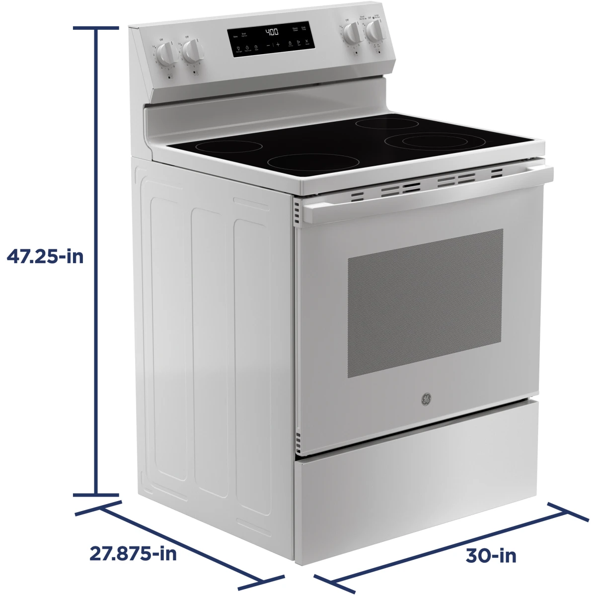 GE - GRF400SVWW - 400 Series 30 Inch Freestanding Electric Range with 4 Smoothtop Elements, 5.3 cu. ft. Oven Capacity, Power Boil™ Burner, Storage Drawer, Enhanced Shabbos Mode Built In, and Steam Clean: White