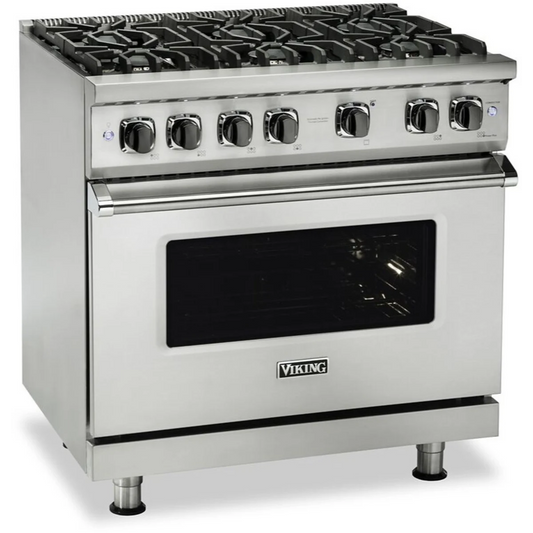Viking 5 Series - VGR5366BSS - 36 Inch Freestanding Professional Gas Range with 6 Sealed Burners, 5.1 Cu. Ft. Capacity, Continuous Grates, VSH™ Pro Sealed Burner System, ProFlow™ Convection Baffle, and TruPowerPlus™ Burner: Stainless Steel, Natural Gas
