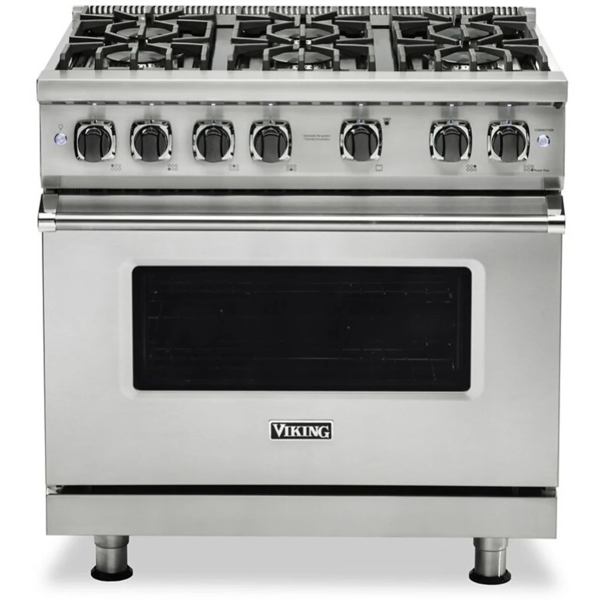 Viking 5 Series - VGR5366BSS - 36 Inch Freestanding Professional Gas Range with 6 Sealed Burners, 5.1 Cu. Ft. Capacity, Continuous Grates, VSH™ Pro Sealed Burner System, ProFlow™ Convection Baffle, and TruPowerPlus™ Burner: Stainless Steel, Natural Gas