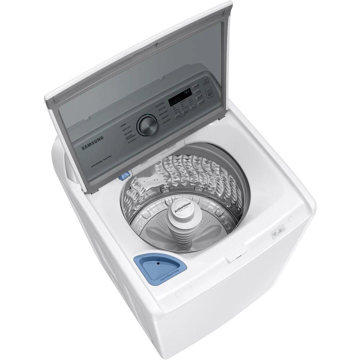 Samsung - WA44A3205AW - 27 Inch Top Load Washer with 4.4 cu. ft. Capacity, 8 Washing Cycles, 700PRM Spin Speed, Active Agitator, Soft- Close Lid, Self Clean, Vibration Reduction Technology and Extra High Water Level