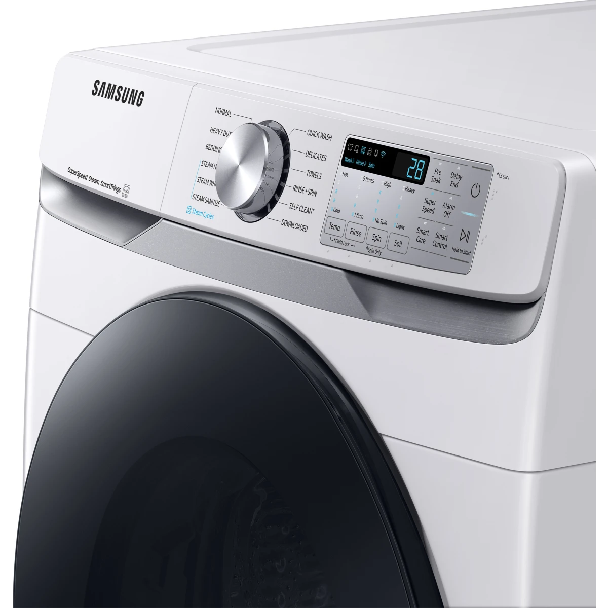 Samsung - WF45B6300AW - 27 Inch Smart Front Load Washer with 4.5 Cu. Ft. Capacity, 10 Washing Cycles, Steam Cycle, Sanitize, Quick Wash, Self Clean+, Super Speed Wash, ADA Compliant, and Energy Star® Rated: White