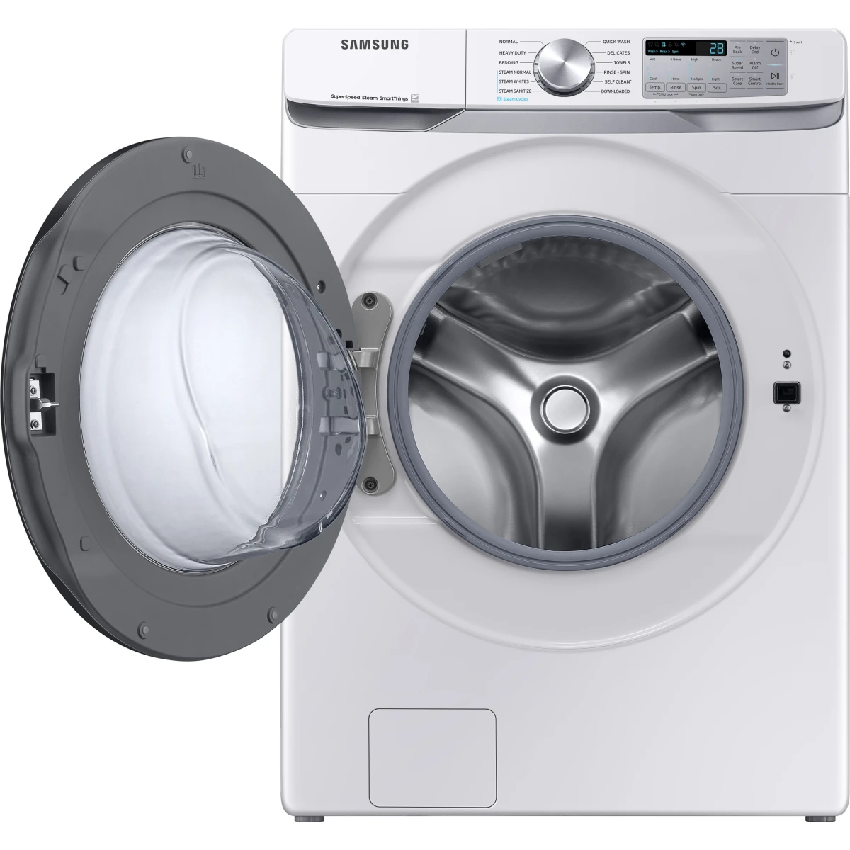 Samsung - WF45B6300AW - 27 Inch Smart Front Load Washer with 4.5 Cu. Ft. Capacity, 10 Washing Cycles, Steam Cycle, Sanitize, Quick Wash, Self Clean+, Super Speed Wash, ADA Compliant, and Energy Star® Rated: White